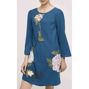 Anthropologie Varun Bahl Teal Hydrangea Swing Dress Made India Embellished 3D